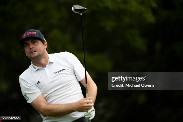 Keegan Bradley tees off the 12th hole during round one of A Military Tribute At The Greenbrier at the Old White TPC course on July 5, 2018 in White...