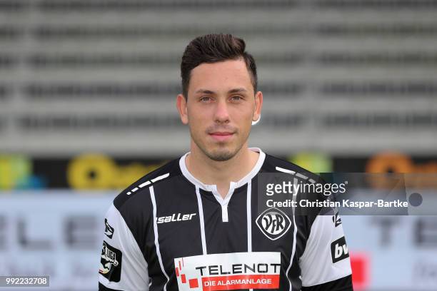 Marcel Bar poses during the team presentation of VfR Aalen on July 5, 2018 in Aalen, Germany.