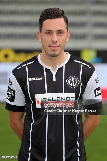 Marcel Bar poses during the team presentation of VfR Aalen on July 5, 2018 in Aalen, Germany.