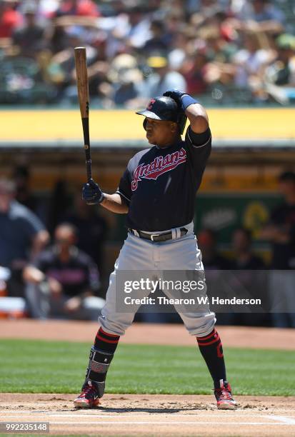 Jose Ramirez of the Cleveland Indians bats against the Oakland Athletics in the first inning at Oakland Alameda Coliseum on June 30, 2018 in Oakland,...