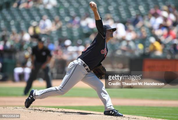 Adam Plutko of the Cleveland Indians pitches against the Oakland Athletics in the bottom of the first inning at Oakland Alameda Coliseum on June 30,...