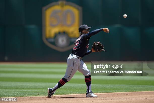 Francisco Lindor of the Cleveland Indians throws to first base throwing out the runner against the Oakland Athletics in the first inning at Oakland...