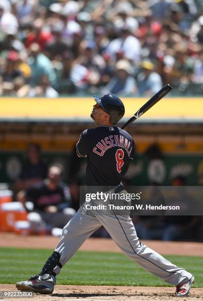 Lonnie Chisenhall of the Cleveland Indians bats against the Oakland Athletics in the second inning at Oakland Alameda Coliseum on June 30, 2018 in...