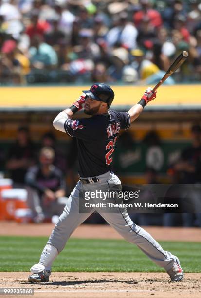 Jason Kipnis of the Cleveland Indians bats against the Oakland Athletics in the second inning at Oakland Alameda Coliseum on June 30, 2018 in...