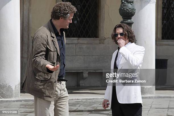 Actor Johnny Depp and the director Florian Henckel von Donnersmarck on location for "The tourist" at Piazza San Marco on May 13, 2010 in Venice,...