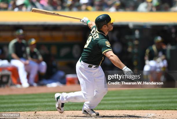 Josh Phegley of the Oakland Athletics hits a two-run home run against the Cleveland Indians in the bottom of the six inning at Oakland Alameda...