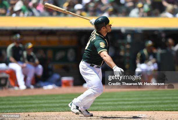 Josh Phegley of the Oakland Athletics hits a two-run home run against the Cleveland Indians in the bottom of the six inning at Oakland Alameda...