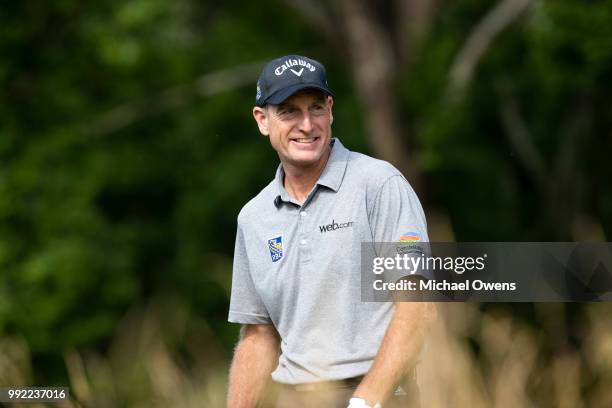 Jim Furyk on the 17th hole tee box during round one of A Military Tribute At The Greenbrier at the Old White TPC course on July 5, 2018 in White...