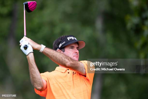 Bubba Watson tees off the 17th hole during round one of A Military Tribute At The Greenbrier at the Old White TPC course on July 5, 2018 in White...