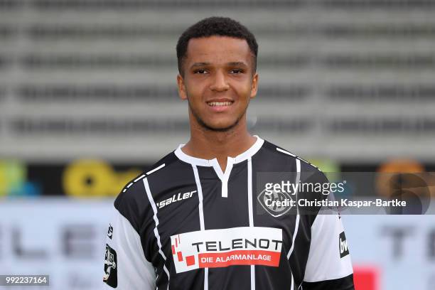 Marian Sarr poses during the team presentation of VfR Aalen on July 5, 2018 in Aalen, Germany.