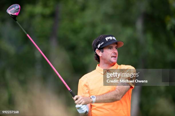 Bubba Watson tees off the 17th hole during round one of A Military Tribute At The Greenbrier at the Old White TPC course on July 5, 2018 in White...