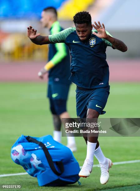 Fred in action during a Brazil training session ahead of the the 2018 FIFA World Cup Russia Quarter Final match between Brazil and Belgium at...