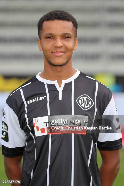 Marian Sarr poses during the team presentation of VfR Aalen on July 5, 2018 in Aalen, Germany.