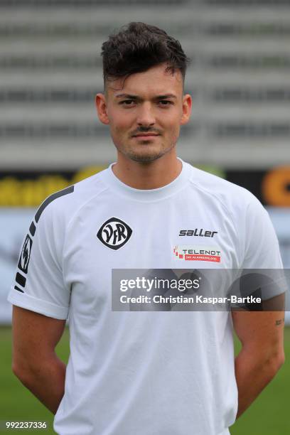 Physiotherapist Felix Bauer poses during the team presentation of VfR Aalen on July 5, 2018 in Aalen, Germany.