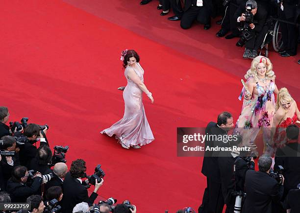 Actress Kitten on the Keys, actress Dirty Martini and actress Julie Atlas Muz attend the 'On Tour' Premiere at the Palais des Festivals during the...