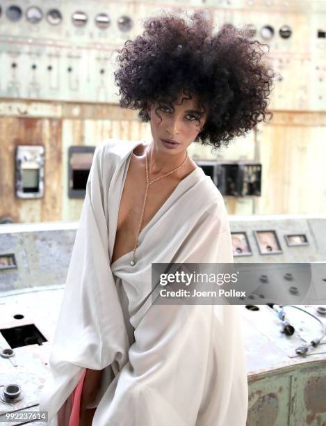 Model Genet Ogeto ahead of the Lana Mueller show during the Berlin Fashion Week Spring/Summer 2019 at ewerk on July 5, 2018 in Berlin, Germany.