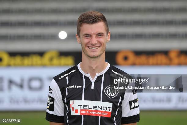 Thomas Geyer poses during the team presentation of VfR Aalen on July 5, 2018 in Aalen, Germany.