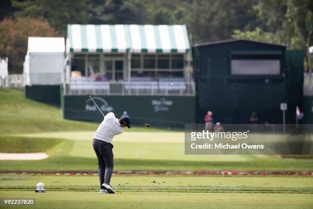 Keegan Bradley tees off the 18th hole during round one of A Military Tribute At The Greenbrier at the Old White TPC course on July 5, 2018 in White...