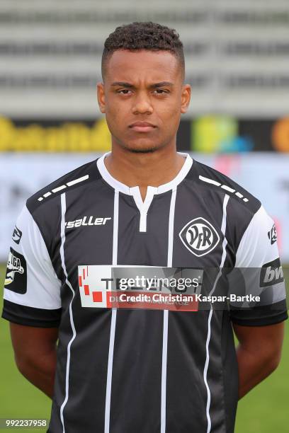 Marc Onuoha poses during the team presentation of VfR Aalen on July 5, 2018 in Aalen, Germany.