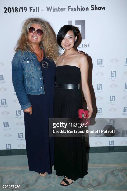 Nathalie de Coster and Lin Wang attend the Liu Lisi - Paris Fashion Week - Haute Couture Fall Winter 2018/2019 at Hotel Meurice on July 5, 2018 in...