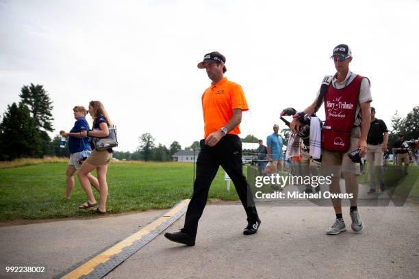 Bubba Watson walks to the 17th tee box during round one of A Military Tribute At The Greenbrier at the Old White TPC course on July 5, 2018 in White...