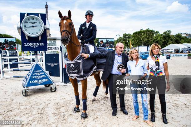 Ben Maher riding Don Vito, Claire Chazal and Virginie Couperie Eiffel during the Prix Renault ZE at Champ de Mars on July 5, 2018 in Paris, France.