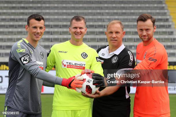 Matthias Layer, Daniel Bernhardt , Erol Sabanov and Raif Husic pose during the team presentation of VfR Aalen on July 5, 2018 in Aalen, Germany.