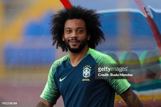 Marcelo looks on during a Brazil training session ahead of the the 2018 FIFA World Cup Russia Quarter Final match between Brazil and Belgium at...