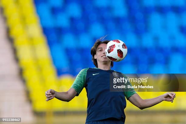 Geromel in action during a Brazil training session ahead of the the 2018 FIFA World Cup Russia Quarter Final match between Brazil and Belgium at...