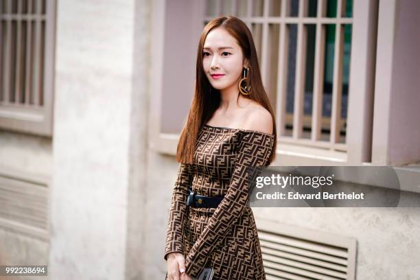 Jessica Jung wears a Fendi brown dress, outside Fendi, during Paris Fashion Week Haute Couture Fall Winter 2018/2019, on July 4, 2018 in Paris,...