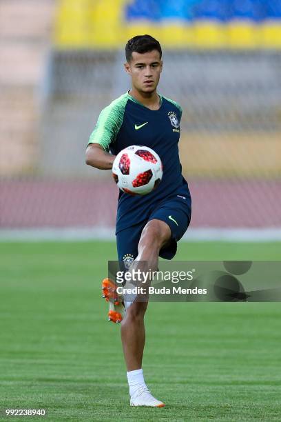 Phillipe Coutinho in action during a Brazil training session ahead of the the 2018 FIFA World Cup Russia Quarter Final match between Brazil and...