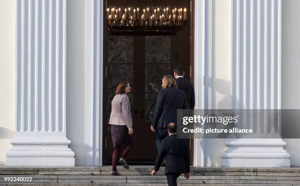 Katrin Goering-Eckardt and Anton Hofreiter , the leaders of Germany's Alliance 90/The Greens in the German Bundestag, arrive at the Bellevue Palace...