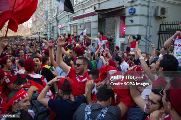 Football fans from Tunisia seen dancing on Nikolskaya street in Moscow. The FIFA world cup final 2018 is being hosted in Russia from 14 of June to 15...