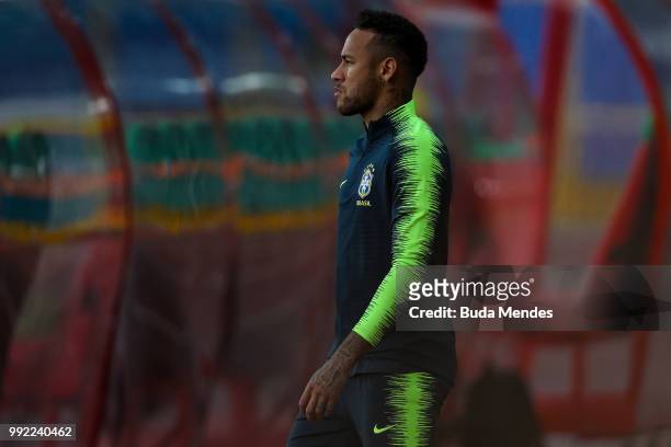 Neymar Jr enters to the field during a Brazil training session ahead of the the 2018 FIFA World Cup Russia Quarter Final match between Brazil and...