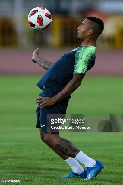 Gabriel Jesus in action during a Brazil training session ahead of the the 2018 FIFA World Cup Russia Quarter Final match between Brazil and Belgium...