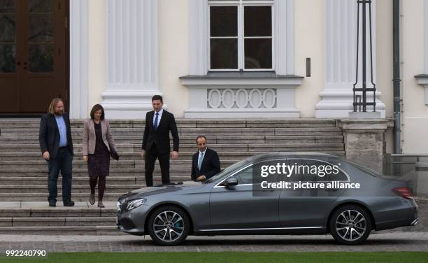 Katrin Goering-Eckardt and Anton Hofreiter , the leaders of Germany's Alliance 90/The Greens in the German Bundestag, leave the Bellevue Palace after...