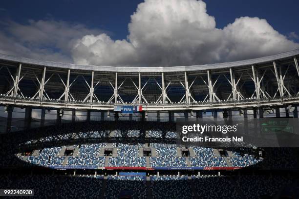 General view inside the stadium during a training session at Nizhny Novgorod Stadium on July 5, 2018 in Nizhny Novgorod, Russia.