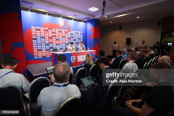 John Stones of England speaks to the media during a press conference at Repino Cronwell Park Hotel on July 5, 2018 in Saint Petersburg, Russia.