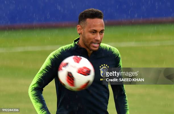 Brazil's forward Neymar attends a training session at the Tsentralny Stadium in Kazan on July 5 on the eve of the Russia 2018 World Cup quarter final...
