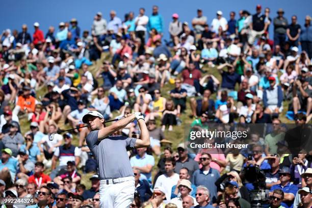 Thomas Pieters of Belgium hits his tee shot on the 8th hole during day one of the Dubai Duty Free Irish Open at Ballyliffin Golf Club on July 5, 2018...