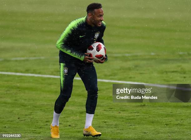 Neymar Jr jokes during a Brazil training session ahead of the the 2018 FIFA World Cup Russia Quarter Final match between Brazil and Belgium at...