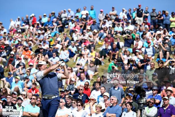 Lee Westwood of England hits his tee shot on the 8th hole during day one of the Dubai Duty Free Irish Open at Ballyliffin Golf Club on July 5, 2018...