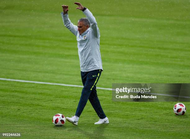 Heat coach Tite in action during a Brazil training session ahead of the the 2018 FIFA World Cup Russia Quarter Final match between Brazil and Belgium...