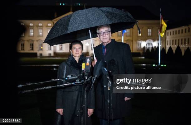 Sahra Wagenknecht and Dietmar Bartsch, leaders of The Left party at the German Bundestag, give a statement in front of the Bellevue Palace after...
