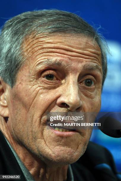 Uruguay's coach Oscar Washington Tabarez attends a presse conference on July 5, 2018 at the Nizhny Novgorod stadium in Nizhny Novgorod on the eve of...