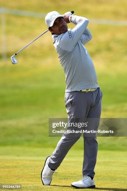 Felipe Aguilar of Chile hits his second shot on the 1st hole during day one of the Dubai Duty Free Irish Open at Ballyliffin Golf Club on July 5,...
