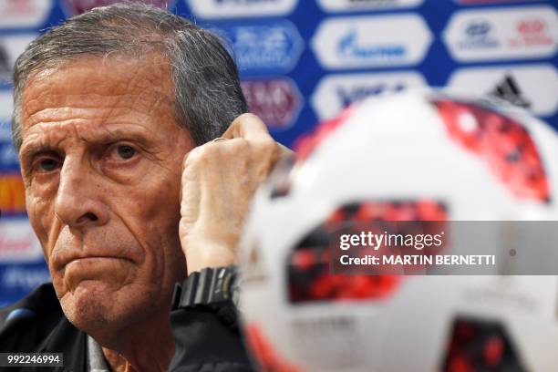 Uruguay's coach Oscar Washington Tabarez attends a presse conference on July 5, 2018 at the Nizhny Novgorod stadium in Nizhny Novgorod on the eve of...