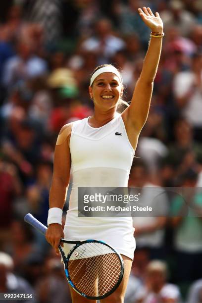 Dominika Cibulkova of Slovakia celebrates after defeating Johanna Konta of Great Britain in their Ladies' Singles second round match on day four of...