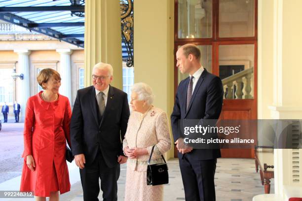 Queen Elizabeth II and Prince William receiving German President Frank-Walter Steinmeier and his wife Elke Budenbender in Buckingham Palace in...