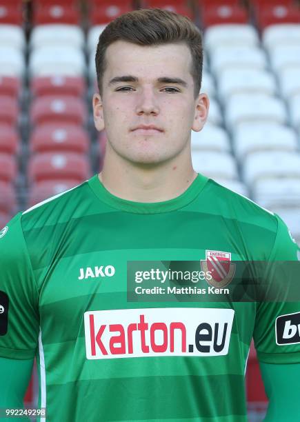 Tim Stawecki poses during the FC Energie Cottbus team presentation at Stadion der Freundschaft on July 4, 2018 in Cottbus, Germany.